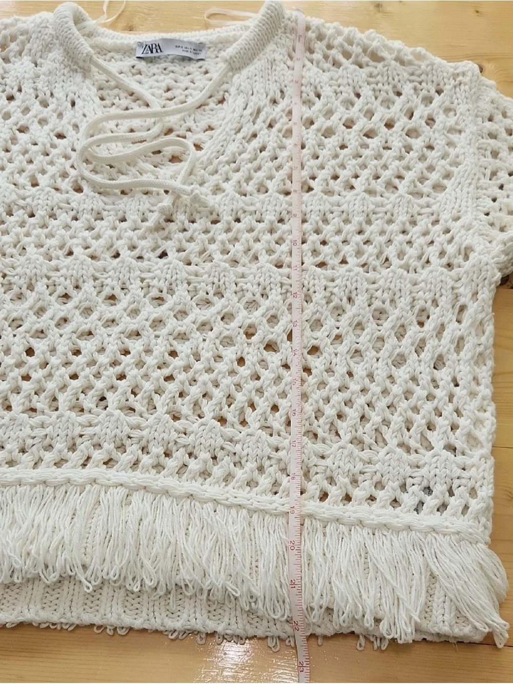 Zara Fringe Crochet Sweater Top Open Knit V-Neck Tassel Boho Beach Shirt